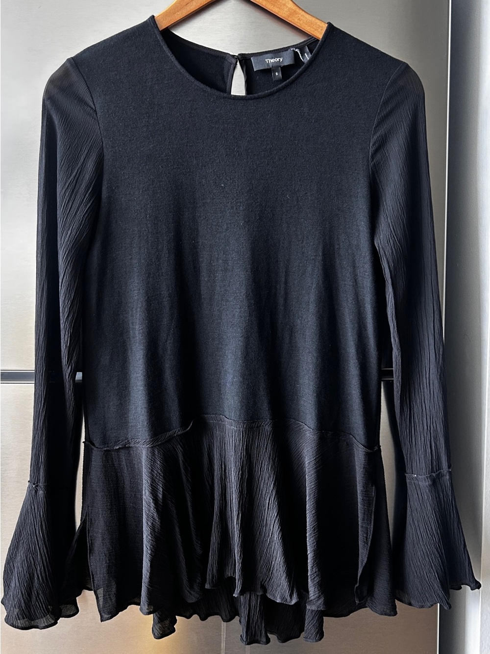 Theory Lewanda Cool Jersey Wool Silk Ruffle Top Black S